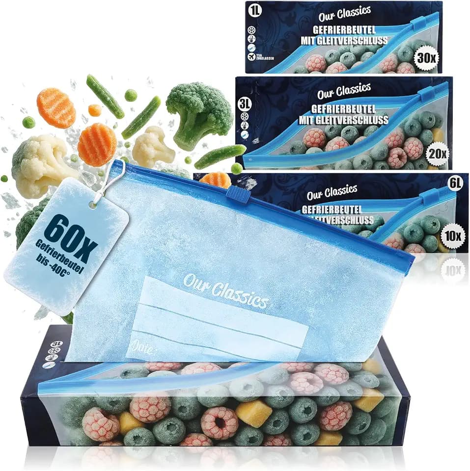 com-four® 60-tlg. Set Gefrierbeutel 1L, 3L, 6L zum Verschließen