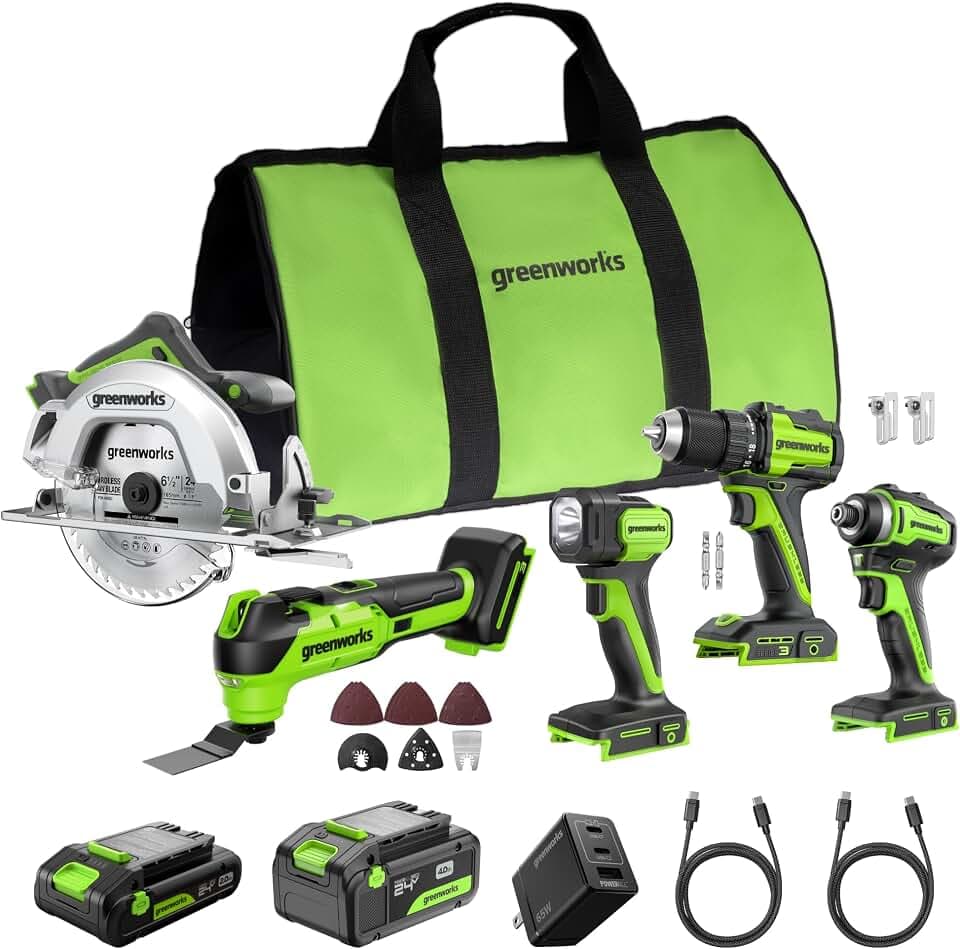 GREENWORKS 24V (5-TOOL) Combo (Drill + Impact Driver + Circular Saw + Multi-Tool + Flashlight), 4.0Ah + 2.0Ah (24,000mAh Power Bank) Batteries, (2) Cables, 65W Rapid Charger