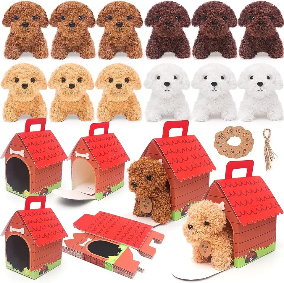 HAPGFS 12 Pcs Mini Plush Puppy Stuffed Dogs with Keychain, Adopt A Pet Dog Party Favors Goodie Bags, Animals Bulk Gift Toys with Carton Dog House for Birthday Party Supplies