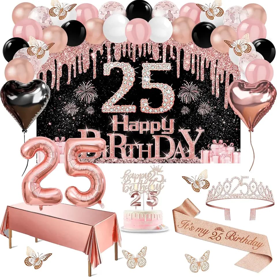 Juesly 25th Birthday Decorations for Women Rose Gold Black 49pcs