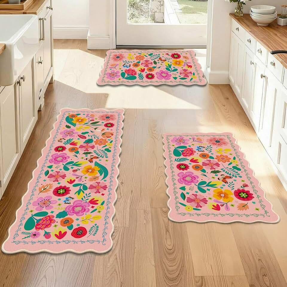 Tinideya Floral Kitchen Rug Set of 3 Boho Farmhouse Area Rugs Washable Door Mat for Entryway Kitchen Floor Bathroom Laundry Front Porch Decor 17"x47"+17"x29" (Pink)