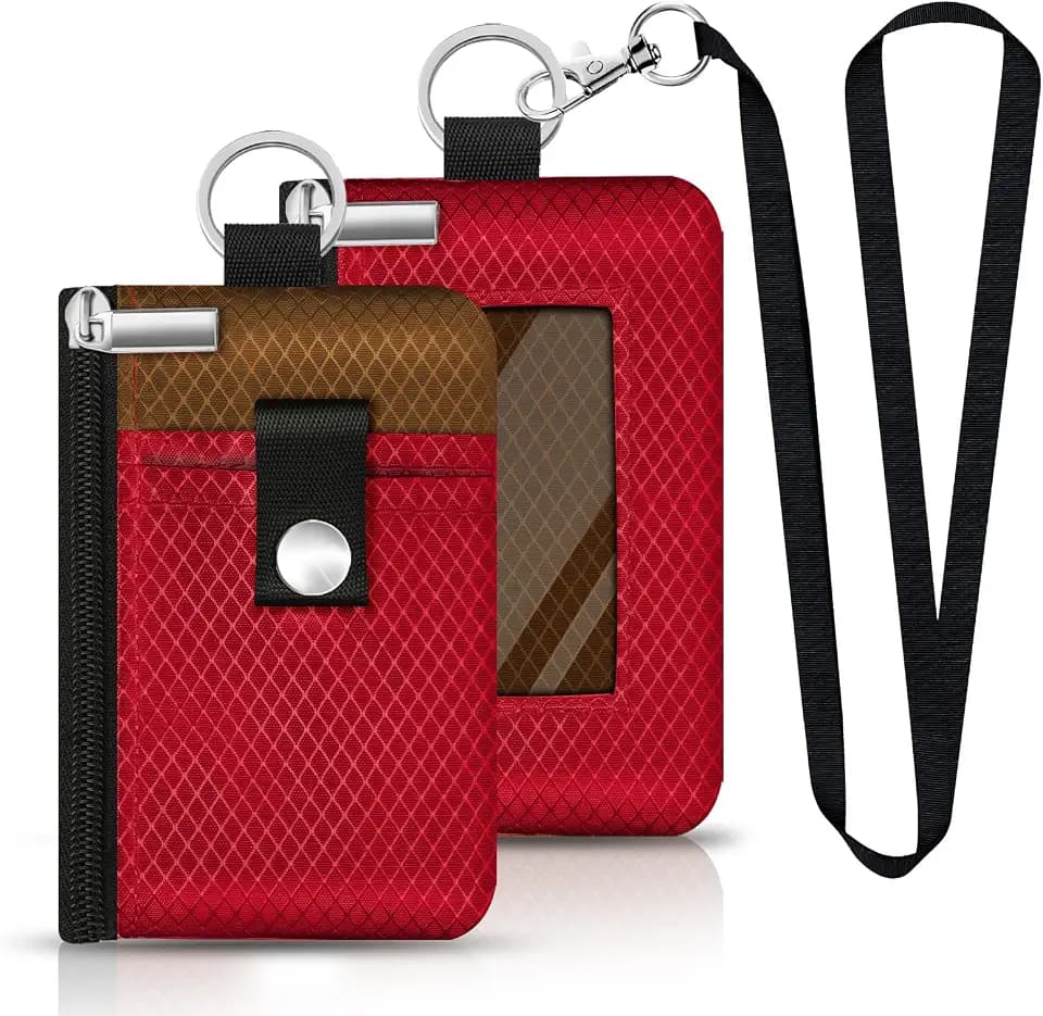 Minimalist RFID Blocking Small Wallet with ID Window,WaterResistant Zip Id Case Wallet with Lanyard Keychain for Cards,Cash,Travel,Women,Men (Red/Brown)