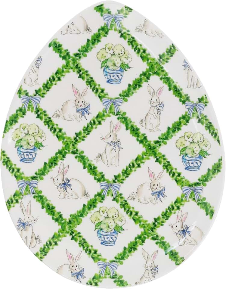 Boston International Egg-Shaped Plate Spring & Easter Ceramic Serving Dish, 9" x 7", Boxwood Trellis