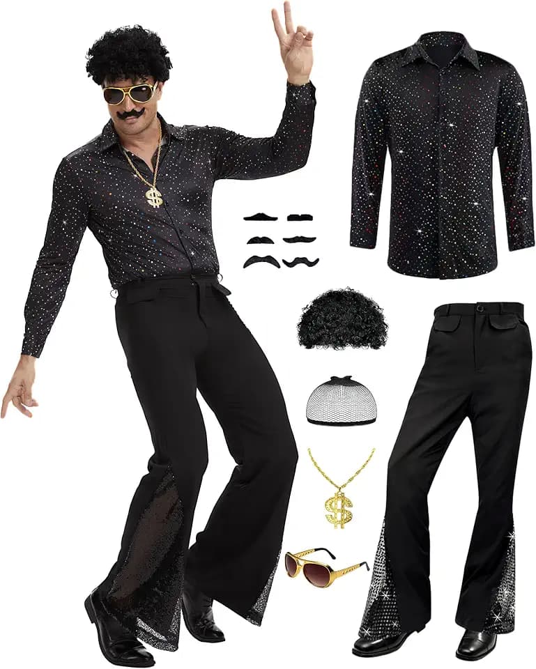 70s Outfits for Men 7Pcs Retro Disco Costume with Accessories