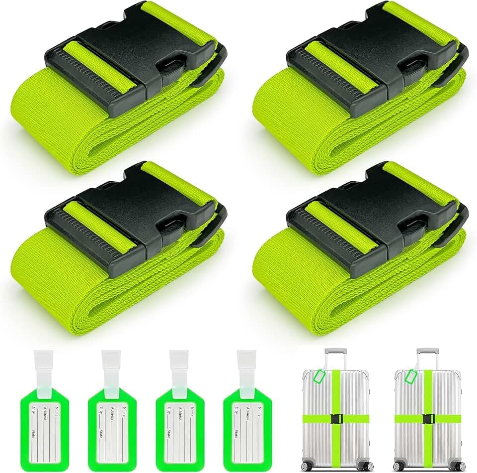 Koffergurte 4 Stück, Verstellbare Kofferband mit Adressschild, 2 Farben Kreuzgurt Kofferbänder für Koffer Markierung, Reisezubehör Gepäckgurt Luggage Strap zum Sicheren Verschließen (4 Neongrün)