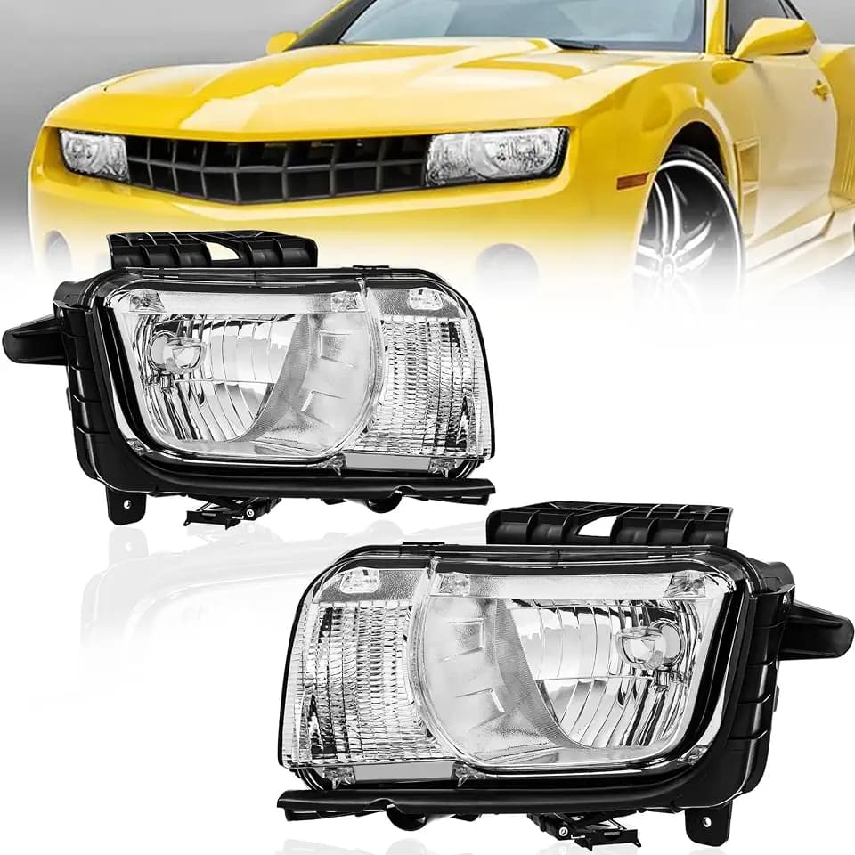 MOSTPLUS Headlight Assembly Compatible for 2010-2013 Chevrolet Camaro Halogen Models Front Lamp Chrome Housing Clear Lens Clear Corner (set of 2)