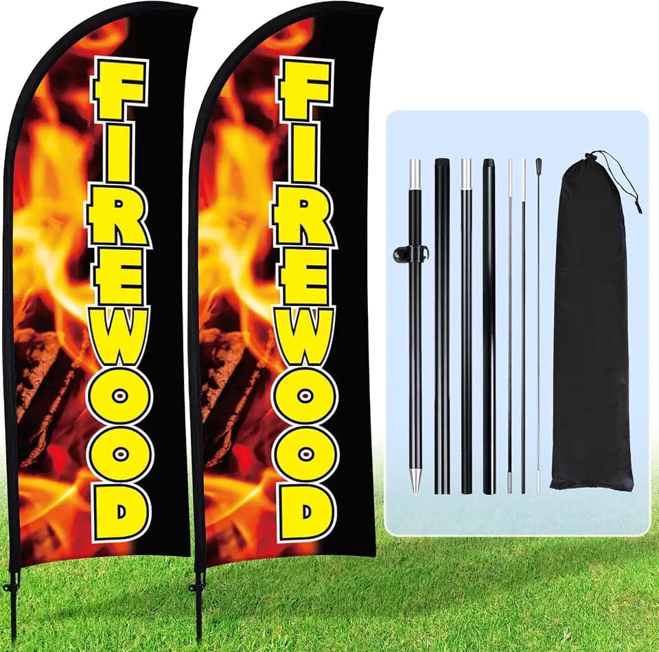 Buryeah 2 Sets Firewood Feather Flag 8ft Firewood for Sale Sign Advertising Sign Banner with Flag Pole and Ground Stake for Business Outside