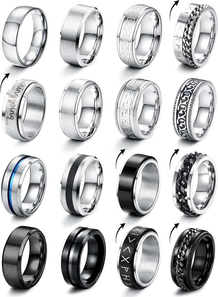 CASSIECA 16Pcs Ringe Herren Spinner Ring für Herren Ring Männer Größe 54-70