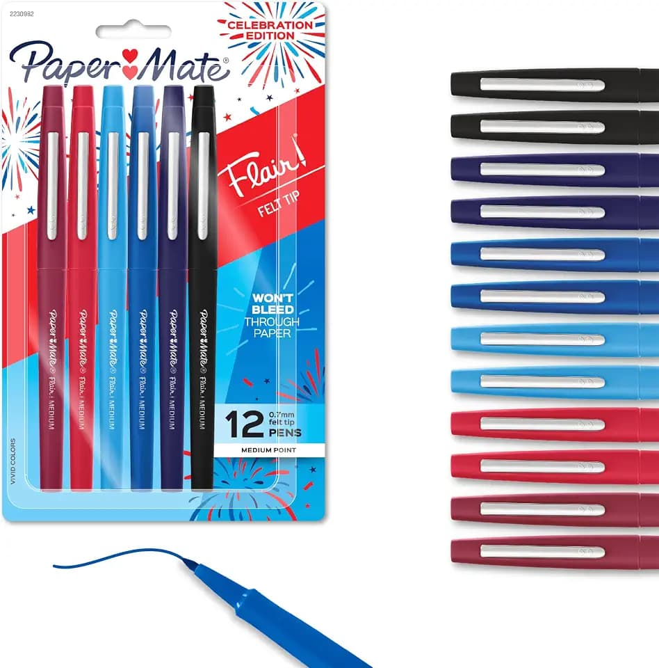 Paper Mate® Flair Felt Tip Pens, Medium Point (0.7mm), Assorted Colors, 12 Count, USA 250th Anniversary Edition