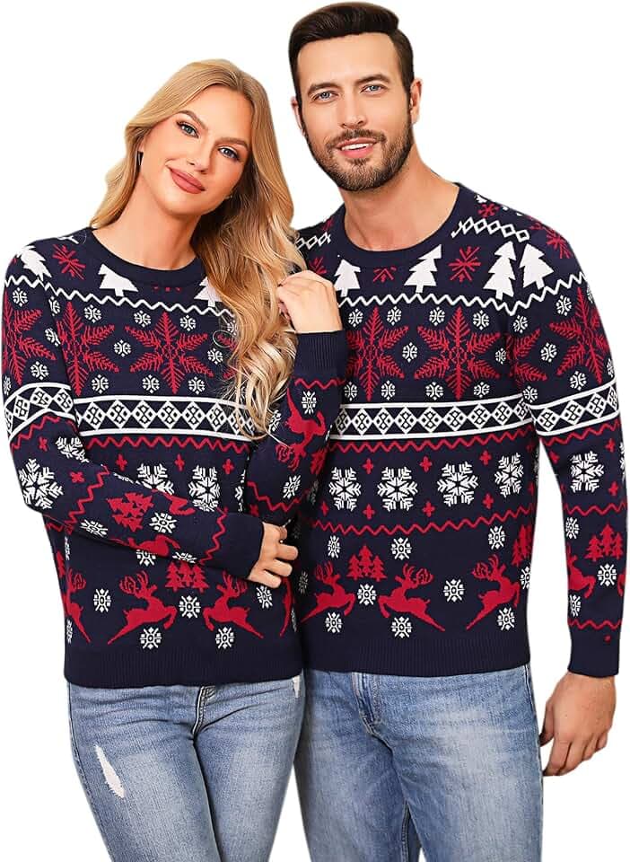 Aseniza Weihnachtspullover Damen Herren Christmas Sweater Pullover Weihnachten Strickpullover Rentier Elch Langarm Jumper mit Rundhalsausschnitt