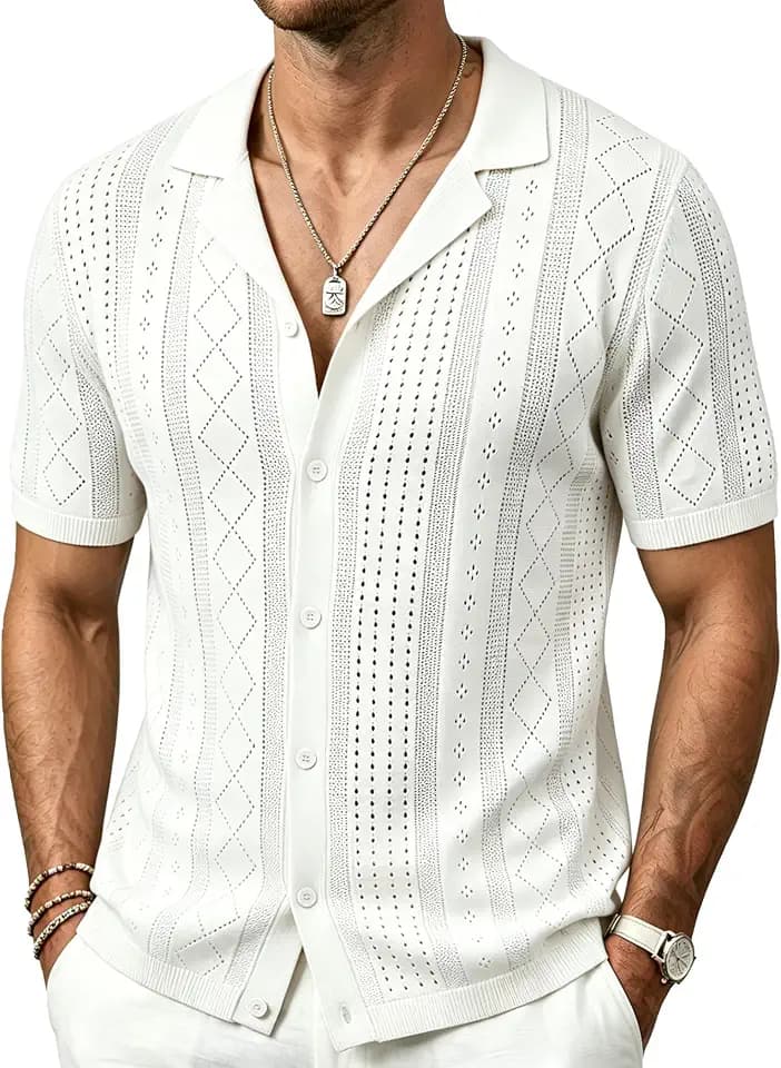 MioRoim Men's Knit Shirt Short Sleeve Button Down Cuban Shirt Casual Summer Beach Vintage Shirts