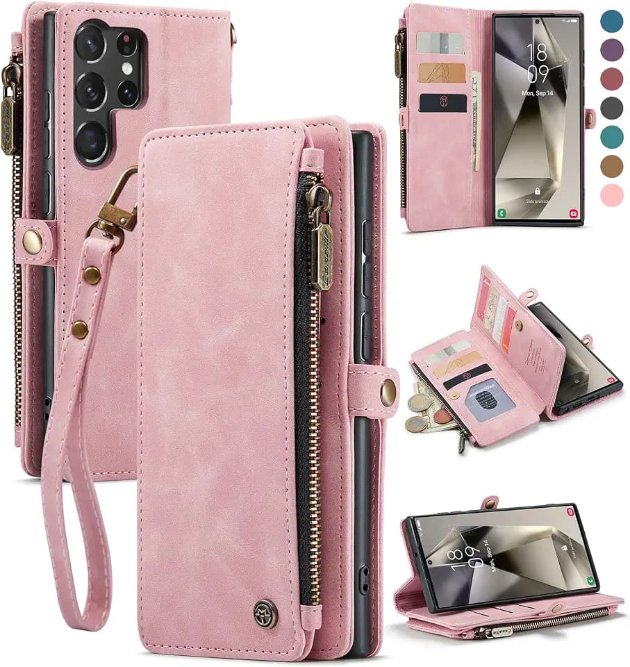 Defencase for Samsung Galaxy S23 Ultra Wallet Case with Card Holder, Pink