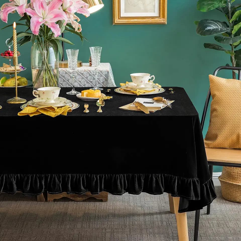 GLORY SEASON Velvet Tablecloth Luxurious Solid Rectangle Table Cloth,Oblong Retro Farmhouse Ruffle Tablecloths Washable Table Cover for Party Wedding Baby Shower Kitchen Dinning Tabletop Decoration