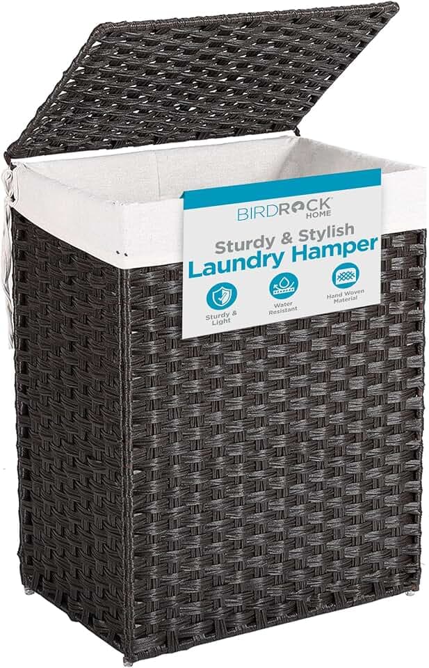 BIRDROCK HOME Single Laundry Hamper with Lid - Brown - Liner Bag - Hand Woven - Small Collapsible Hampers - Foldable Bin - Synthetic PE Rattan - Hand Woven - Clothes Basket