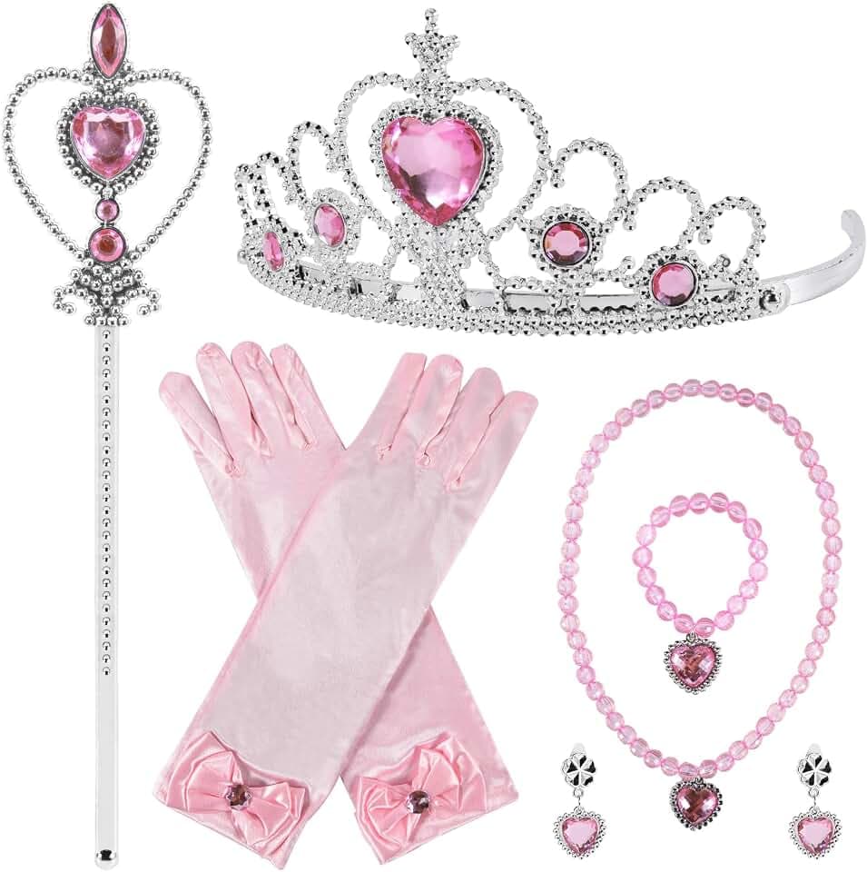 6 PCS Princess Dress Up Jewelry Set, Princess Crown Wand Gloves Necklace Earrings Bracelet for Girls Gifts Accessories