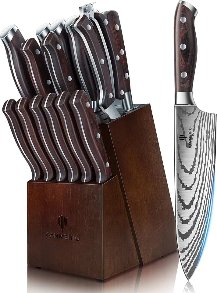 SANMEIHO Messerset 16 teilig, Japanisches Küchenmesser Set mit Block