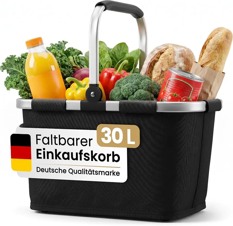 Selinchen® - Premium Einkaufskorb | Hochwertige Einkaufstasche faltbar und mit Aluminium Griff | Ideal als eleganter Picknickkorb oder Shopper | 30 Liter (Black) - New