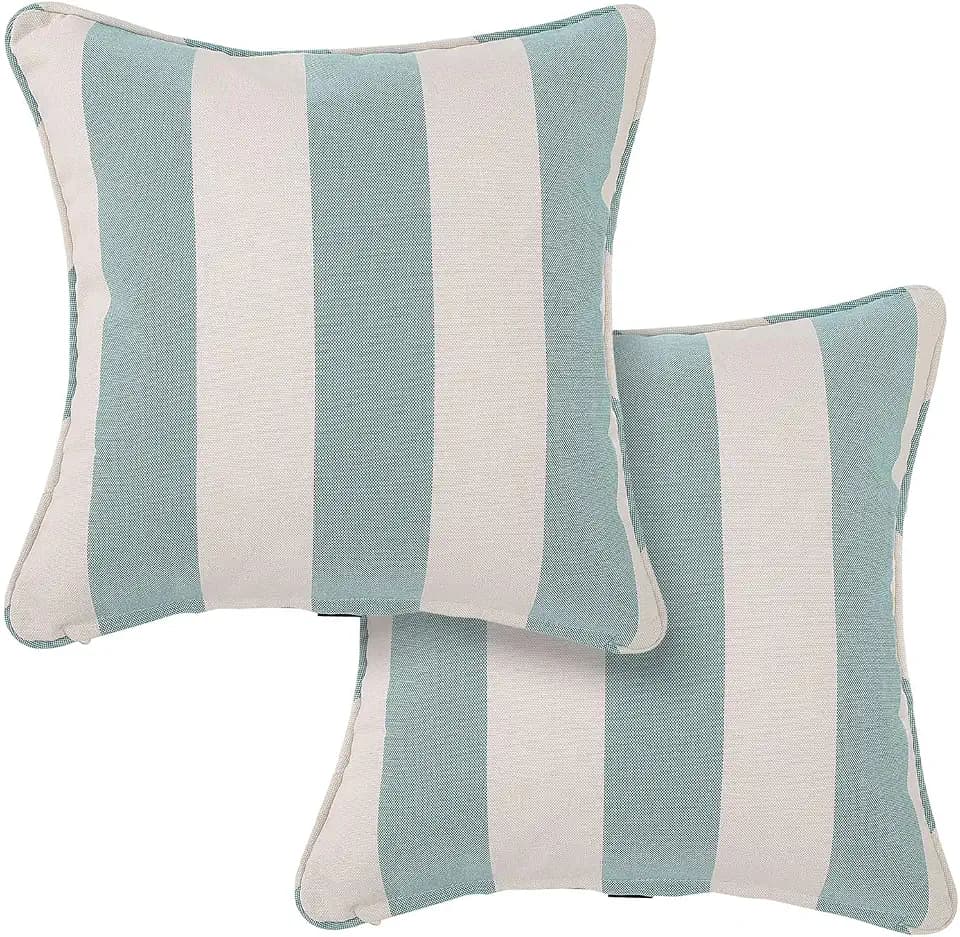 Outdoor Throw Pillow with Insert 18x18 Inch, Set of 2, Piping Edge Waterproof Fade Resistant Decorative Fluffy Pillows for Patio Furniture Chair Bench Couch Sofa - Teal Ivory Striped