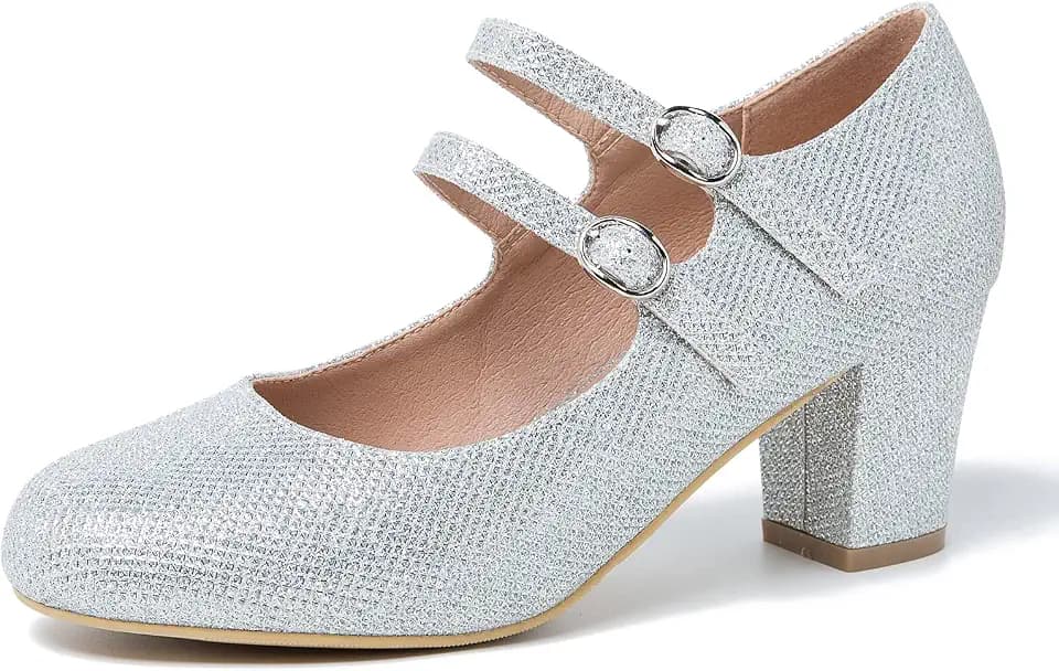 Women's Mary Jane Pumps Double Strap Chunky Block Heel Closed Round Toe Dress Office Work Bridal Wedding Party Shoes