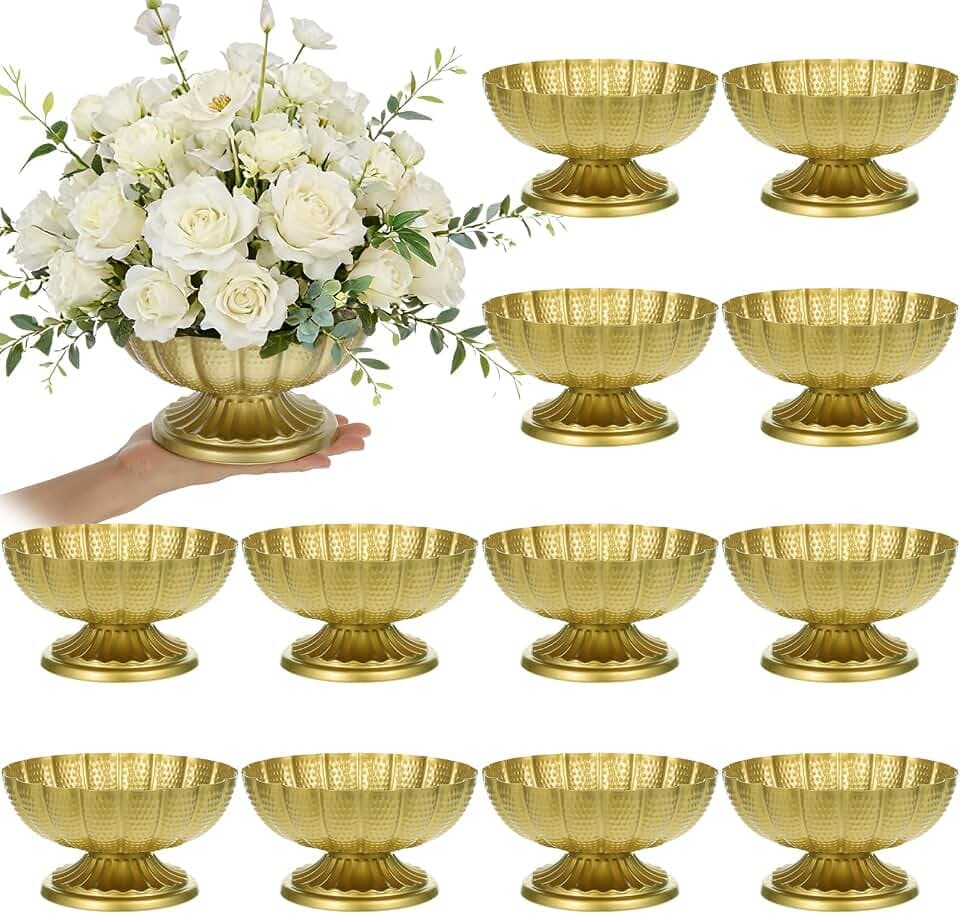 12 Pack Compote Bowl Gold Vase for Centerpieces 7" W x 4" H Small Metal Pedestal Vase Antique Gold Urn Vases Flower Arrangement for Wedding Anniversary Parties and Home Decor
