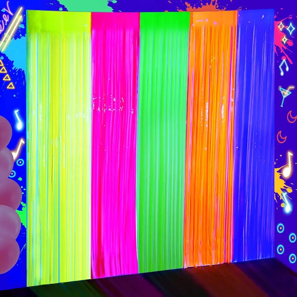 4 Pack Neon Glow Tinsel Foil Fringe Curtains, 3.3 x 6.6 ft