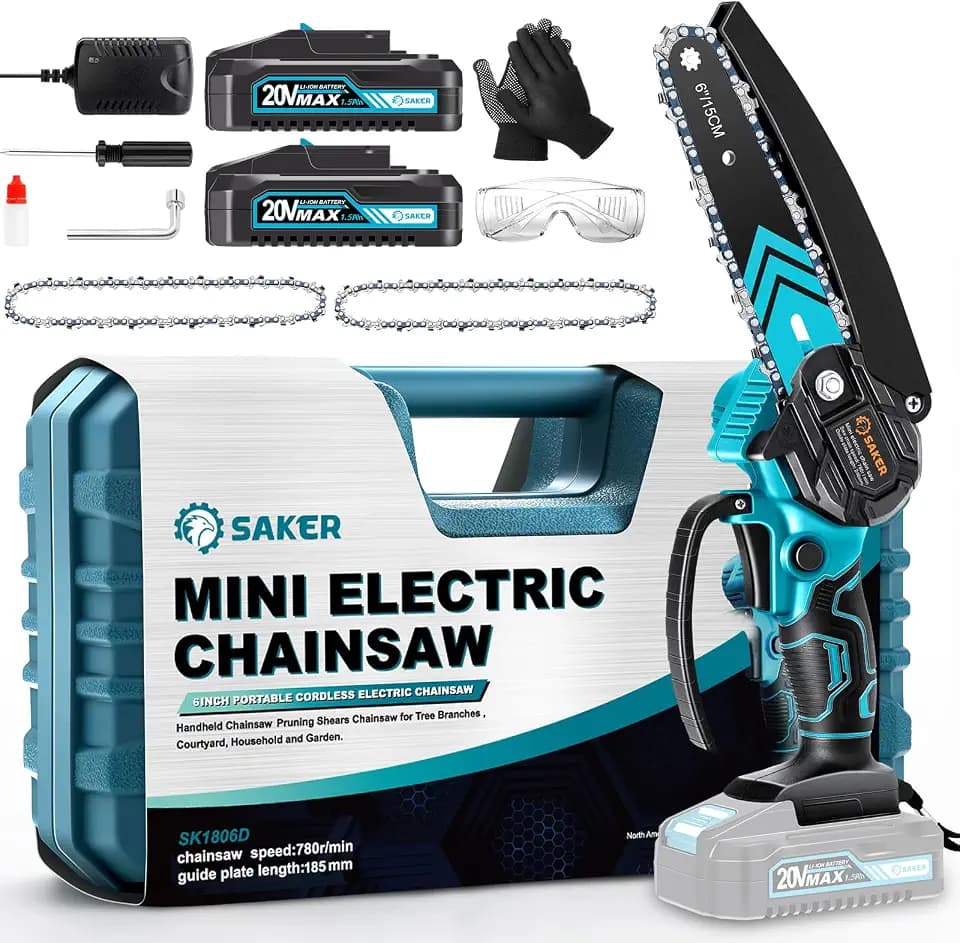 Saker Mini Chainsaw,6 Inch Electric Chainsaw Cordless with 2 Batteries Blue