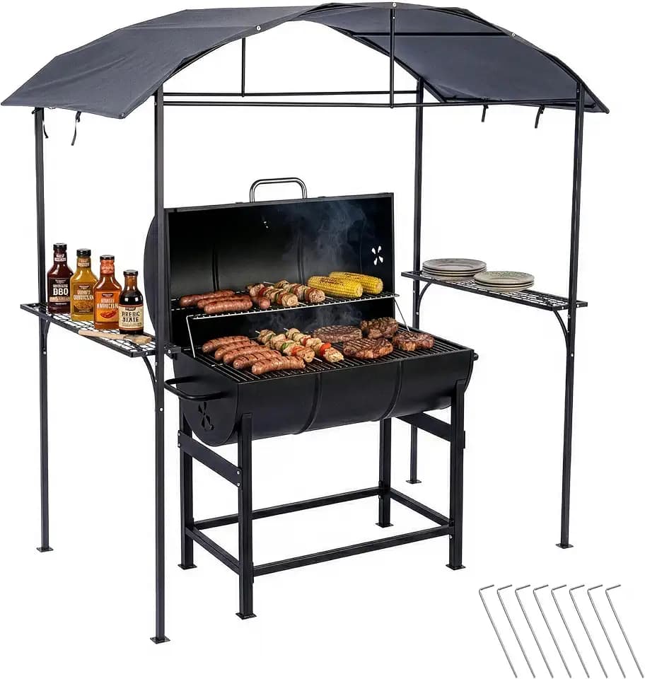 Relaxdays Grill Pavillon, HxBxT: 230 x 210 x 116 cm, mit Seitenregalen, Metall, Polyester, Grillhütte Garten, anthrazit