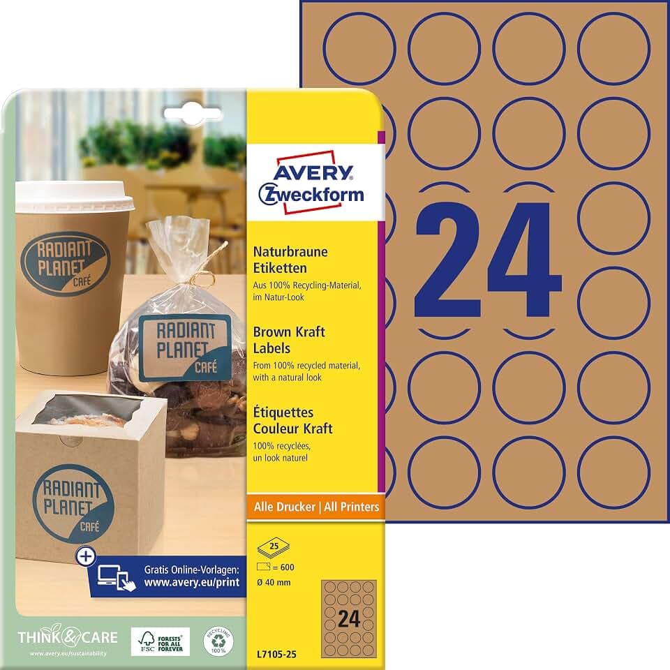 AVERY Zweckform L7105-25 Kraftpapier Etiketten (600 Aufkleber zum Bedrucken, Ø40mm auf A4, selbstklebend, runde Recycling Etiketten, nachhaltige Produktaufkleber) 25 Blatt, naturbraun