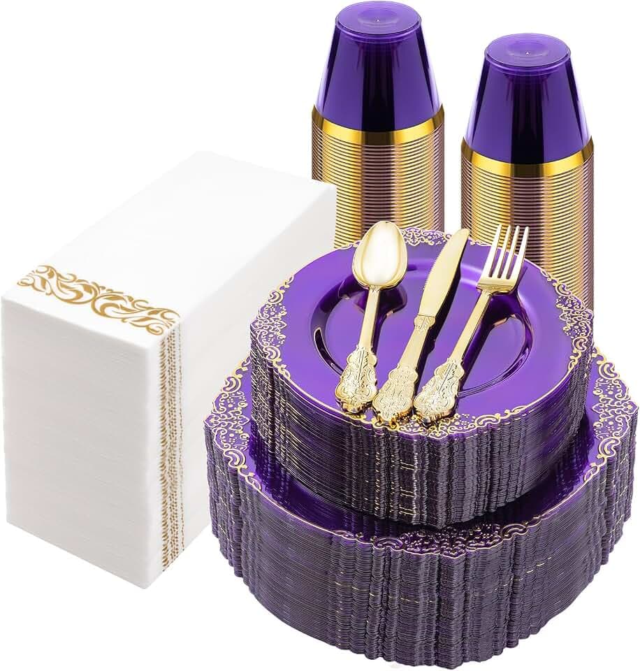 Bestluck 350PCS Clear Purple Plastic Plates for 50 Guests