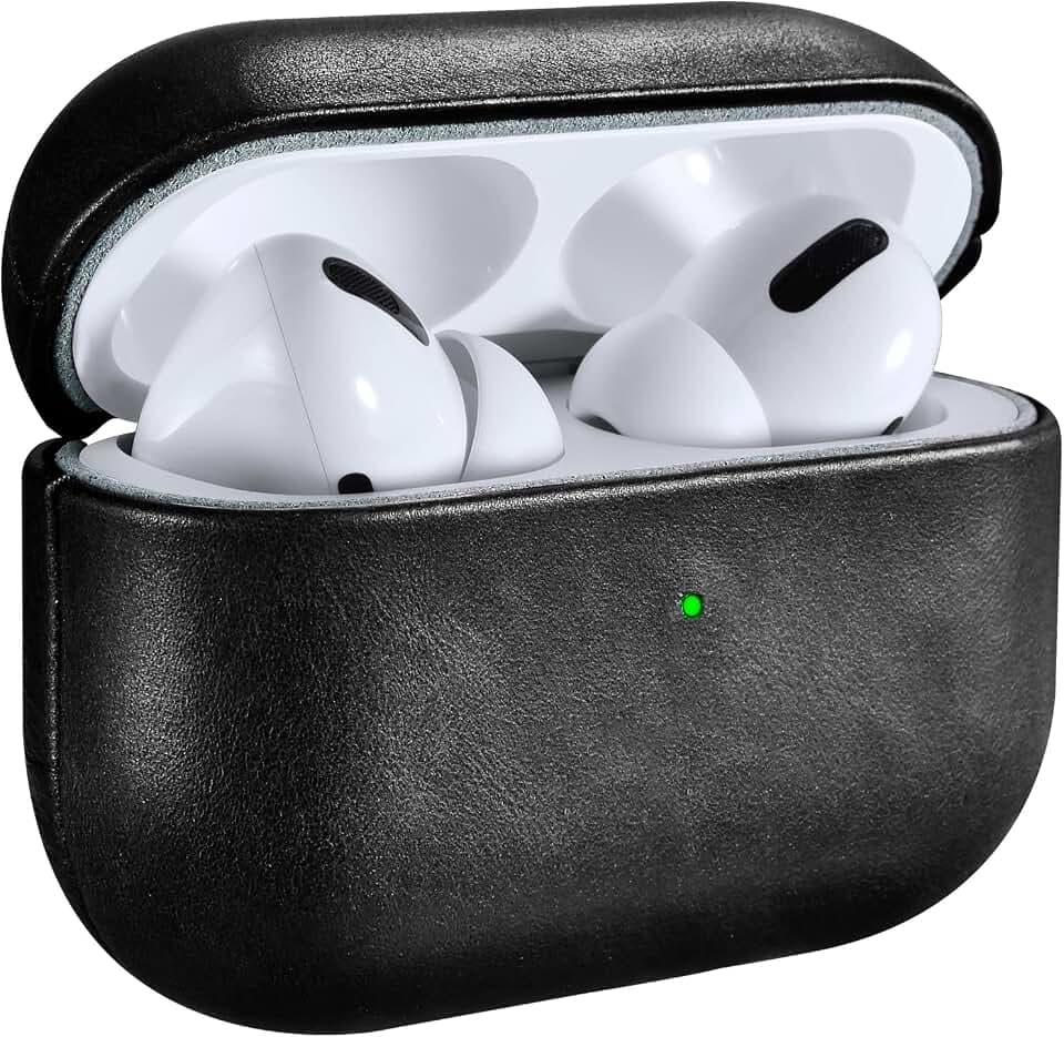 Ledertasche Hülle für AirPods Pro, ICARERSPACE Premium Echtleder Stoßfeste Schutzhülle für Apple AirPods Pro Ohrhörer Ladehülle (LED sichtbar) Unterstützt kabelloses Ladegerät Schwarz
