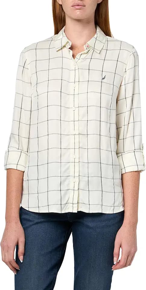 Nautica Women's Button Front Long Sleeve Roll Tab Shirt