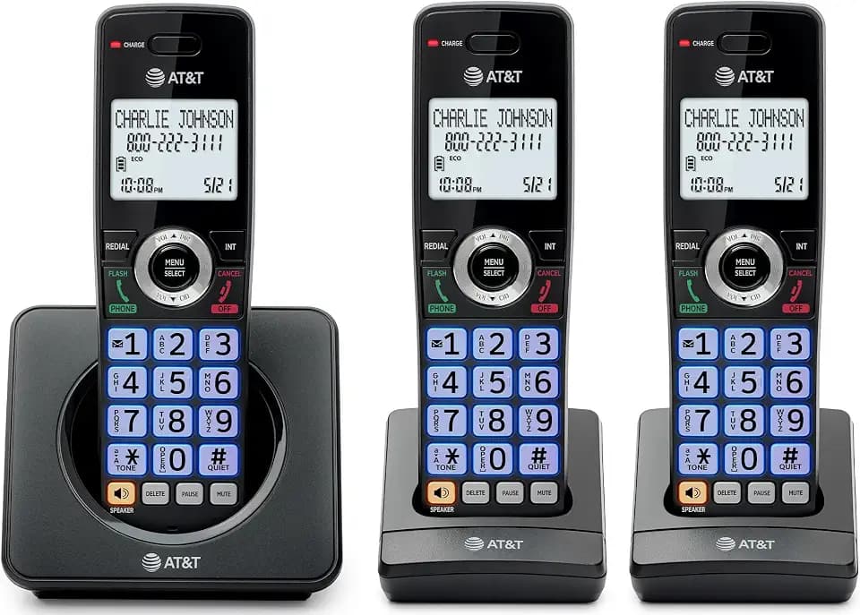 AT&T 3-Handsets Landline Home Phone with Call Blocker, Caller ID/Call Waiting, Full-Duplex Handset Speakerphone, Backlit Keypad & Display, Rechargeable Battery, ECO Mode, DECT 6.0: GL2101-31
