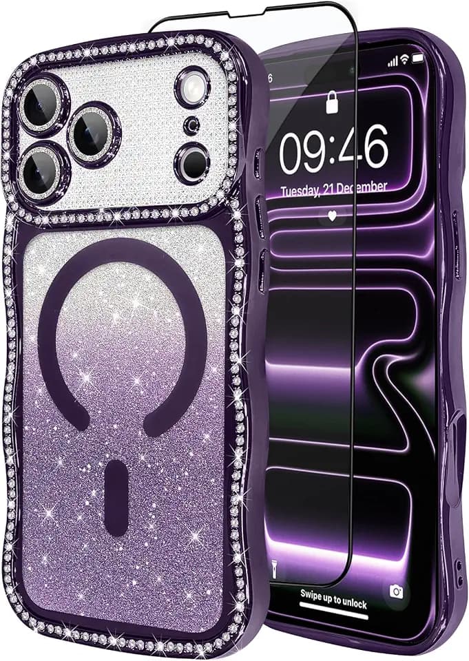 tharlet Magnetic for iPhone 17 Pro Max Case Purple Curly Wave Edge Diamond