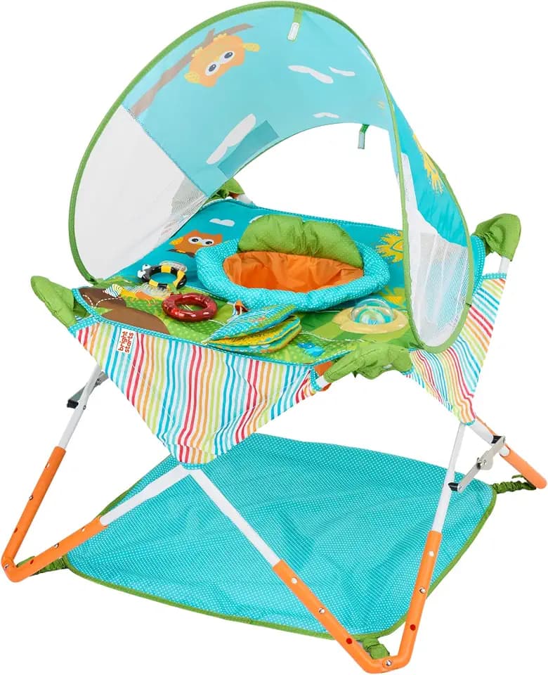 Bright Starts Pop 'N Jump Faltbarer Aktivitäts-Jumperoo, Tragbares Aktivitätscenter für Babys, UPF 50+ Sonnendach, 4 Sensorische Spielzeuge, Reisetasche, 6-12 Monate