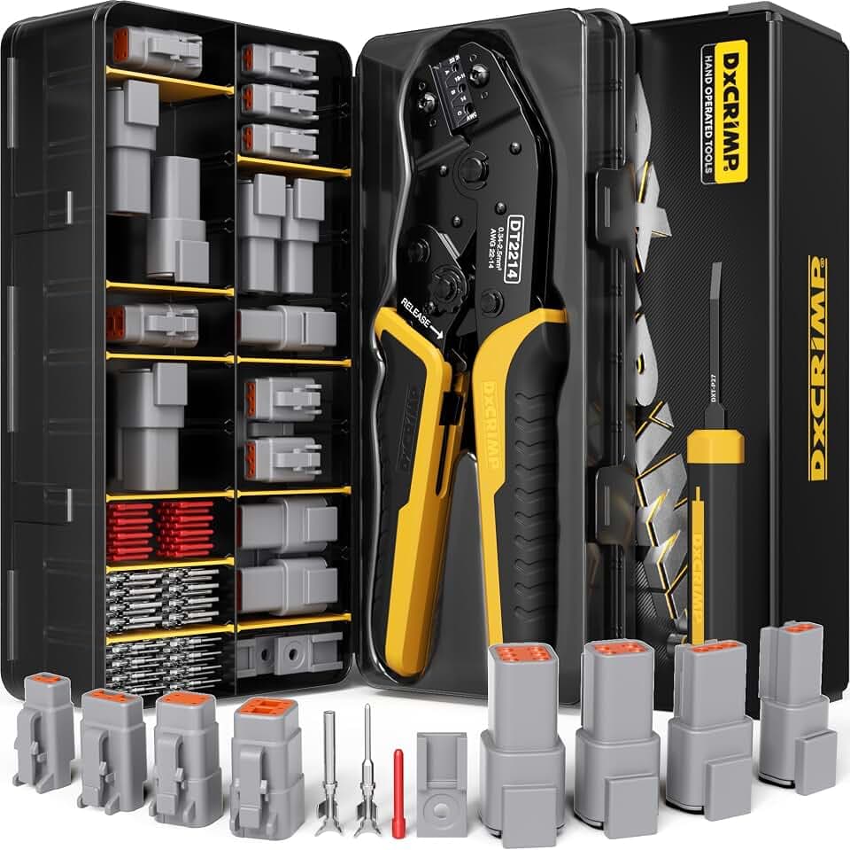 DxCRIMP Deutsch DTM Crimpzangen-Set, 2/3/4/6-polige Stecker- & Buchsensätze mit (22–16 AWG/0,34–1,5 mm²) Kontakten, Ratschen-Crimpzange & Auspinwerkzeug für wasserdichte Kfz- & Motorrad-Kabelbäume