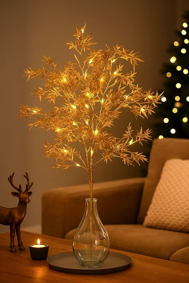 LED Dekozweig Ahornblätter 95 cm – Beleuchteter Kunstzweig Herbstdeko mit warmweißen LEDs & Timer Batteriebetrieben Herbstdeko Weihnachtsdeko Stimmungsvolle LED Deko