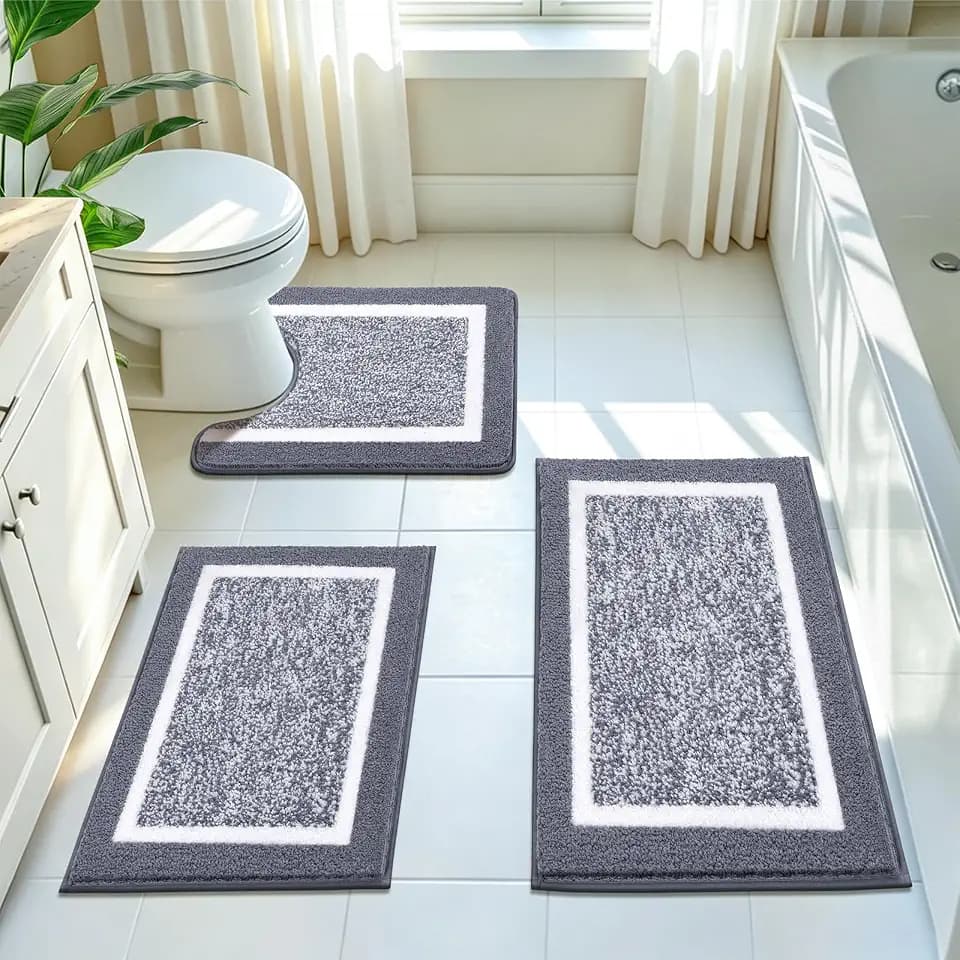 Pauwer 3 Piece Bathroom Rug Set, Non Slip Washable Bath Mat, Dark Grey