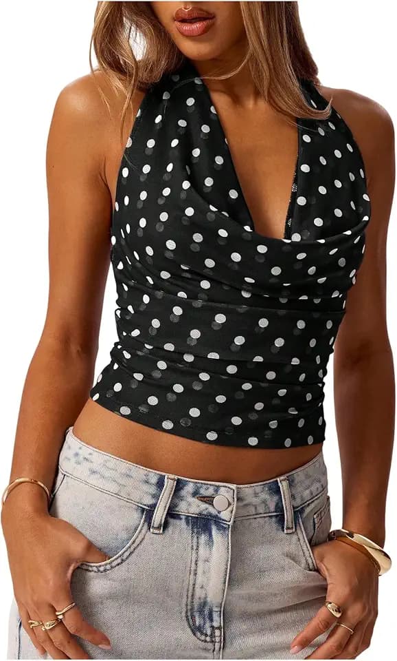 MakeMeChic Women's Polka Dots Halter Top Cowl Neck Going Out Tops