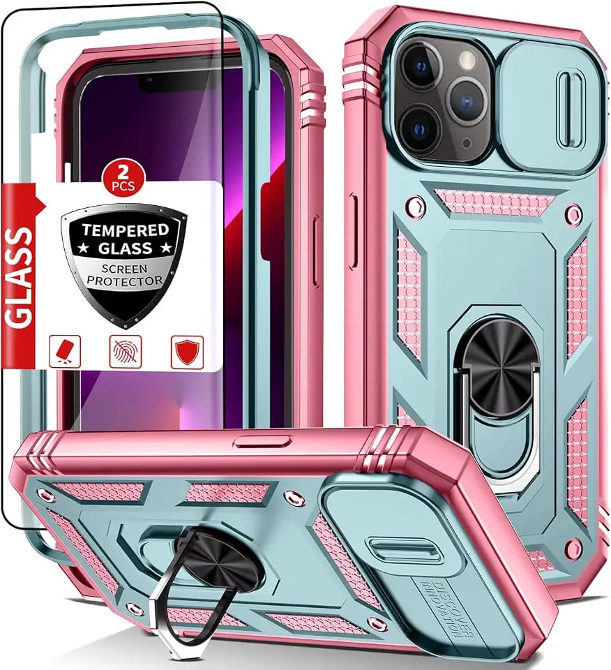 Compatible with iPhone 13 Pro Case with 2 Tempered Glass Screen Protectors,Built-in 360°Kickstand Ring with Camera Cover Shockproof Military Grade Drop Heavy Duty Protection Phone Green Pink