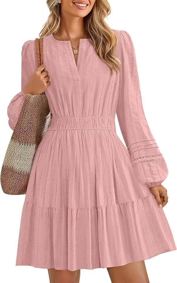 ZESICA Women's Fall Long Sleeve V Neck Flowy Mini Dresses