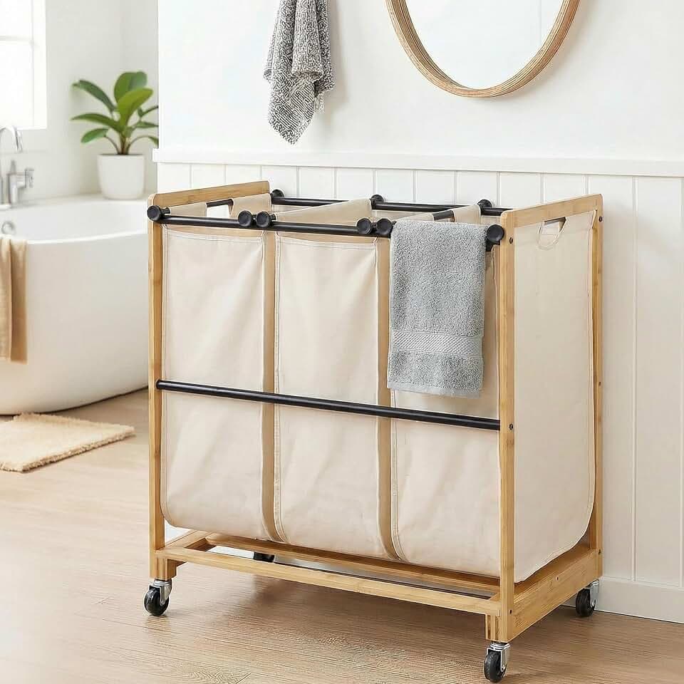 Easi 3 Section Laundry Hamper with Wheels, 36 Gallon Large Rolling Laundry Sorter with 3 Removable Washable Bags, Heavy Duty Bamboo Laundry Basket for Bedroom, Bathroom, Laundry Room