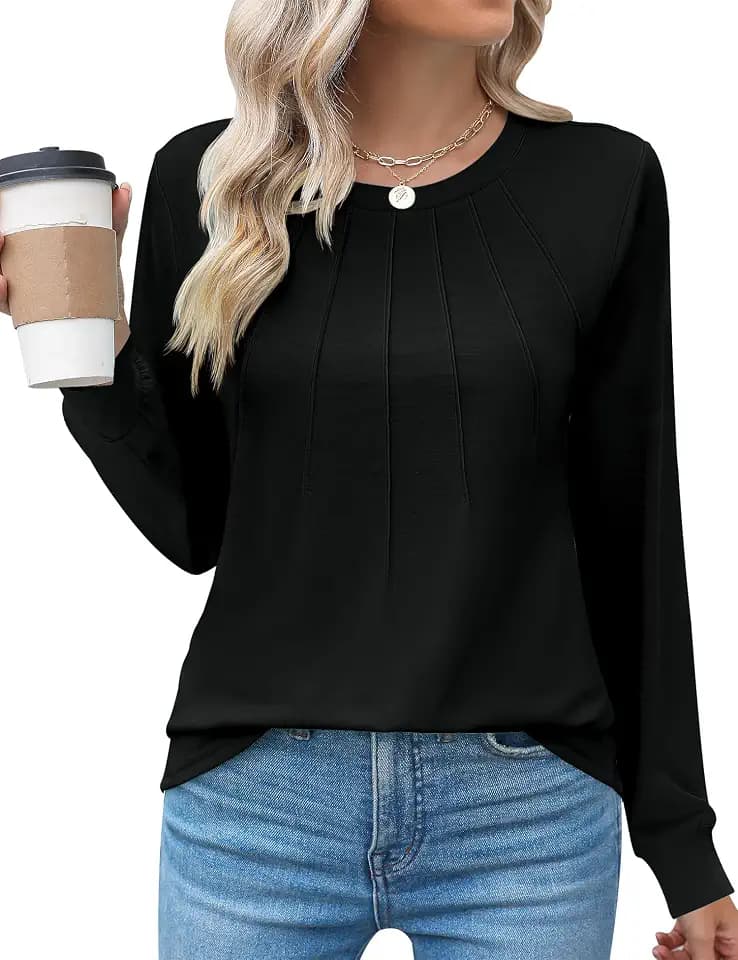 Kistore Women's Long Sleeve Tops Crew Neck Pleated Dressy Casual Blouses T Shirts Fall Clothes 2026
