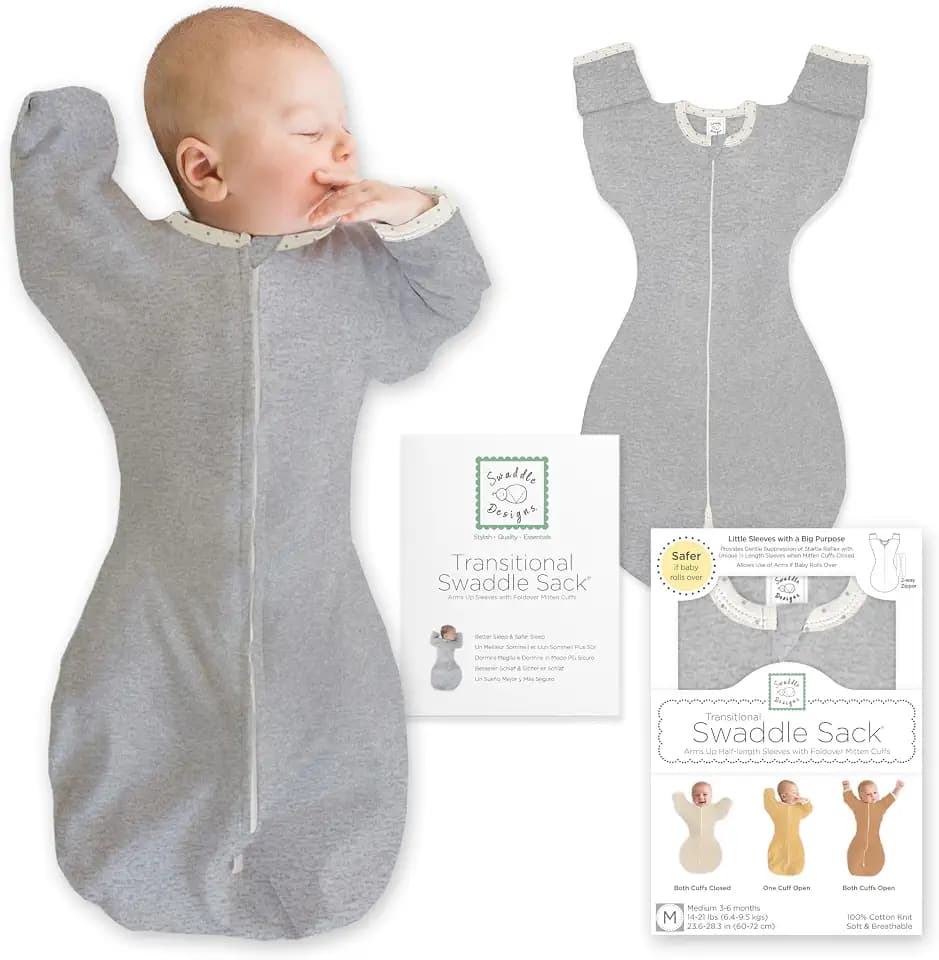 SwaddleDesigns Transitional Swaddle Sack, Cotton, Heathered Gray, 3-6mo