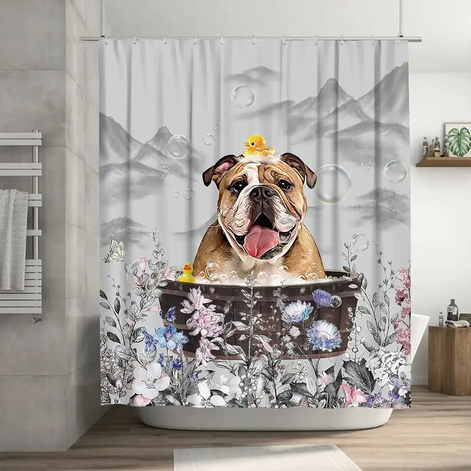 jamie world Black and White Farmhouse Shower Curtain Funny Bulldog Floral Bathroom Shower Curtains Animal Shower Curtain Waterproof Polyester Fabric with Plastic Hooks 60 x72 Inches