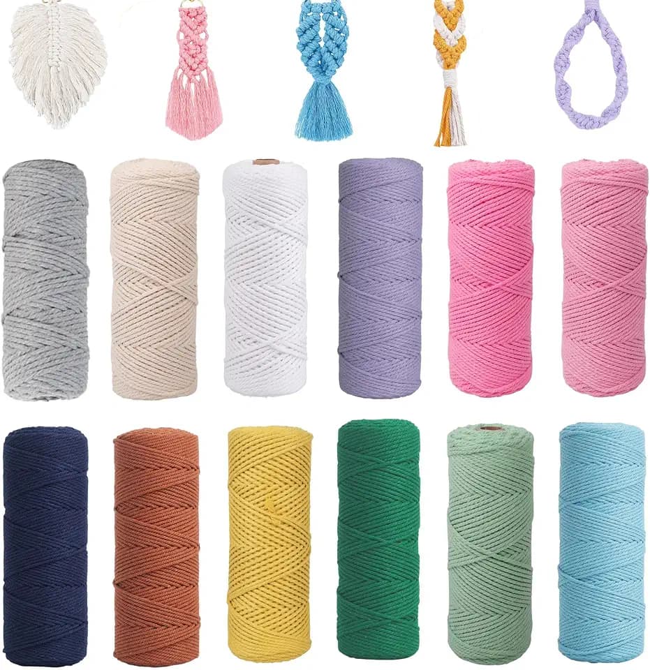 12PCS Makramee Garn, 1mm x 65m Bunt Baumwollseil, Natur Baumwolle Makramee Baumwollgarn Baumwollkordel für DIY Handwerk, Hängepflanze,Blumenampel, Basteln Stricken Boho Deko Wandbehang Dekoration
