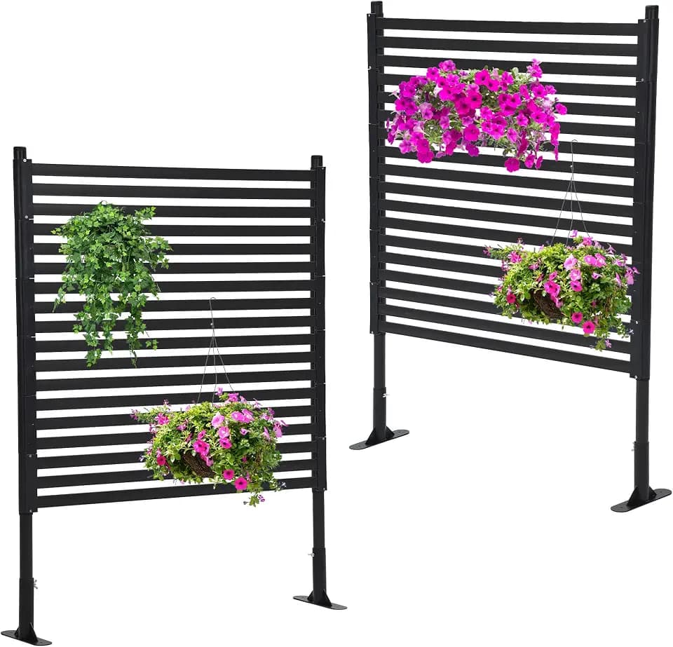 Outdoor Privacy Screen 48" x 59", Freestanding Feet Privacy Fence Screen for Outside, Trash Can Metal Privacy Panels, Decorative Pipes and Slats Divider for Backyard Patio Garden