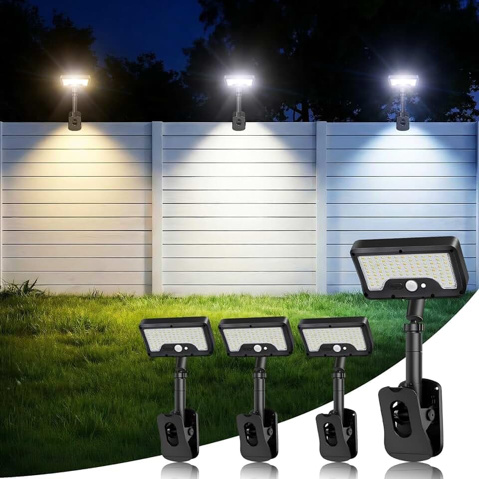 iMaihom Clip On Solar Lights Outdoor with Motion Sensor, 92 LED 600LM Solar Fence Lights, Warm/Neutral/Cool White, 360° Adjustable, IP65 Waterproof Security Light for Deck, Gutter, Porch (4, Black)