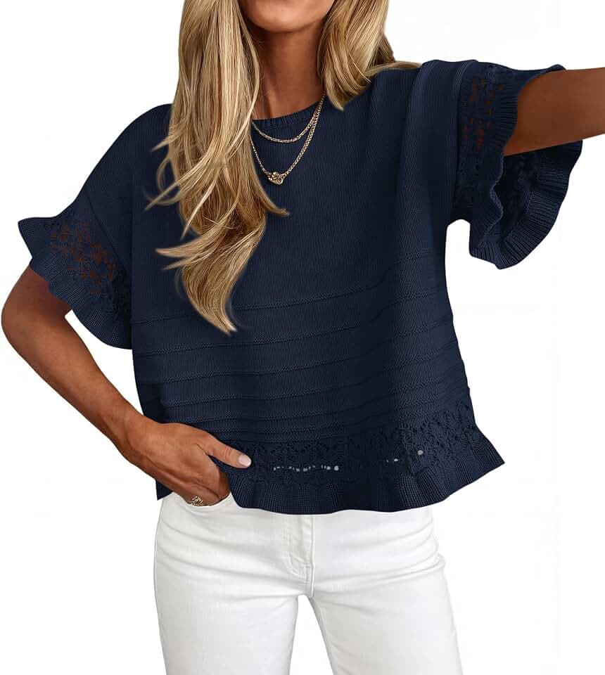 KIRUNDO Short Sleeve Sweater for Women Crochet Summer Fall Tops