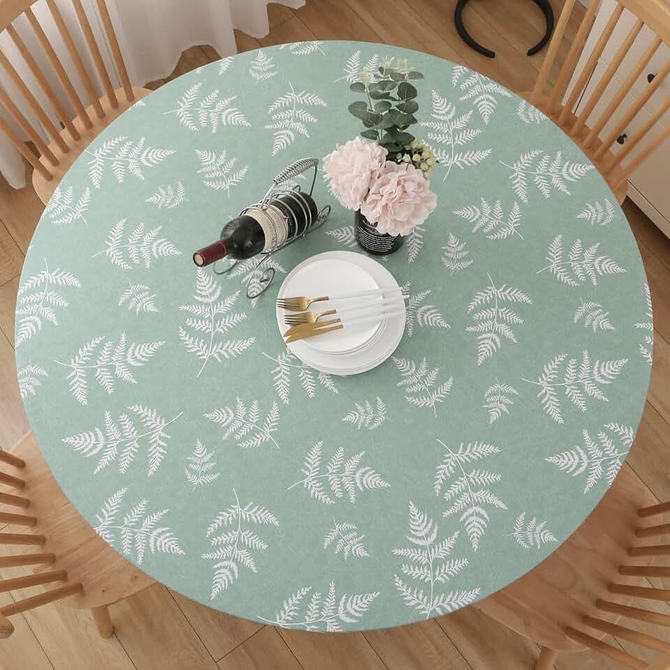 Round Vinyl Fitted Tablecloth, Waterproof Elastic Table Covers Wipeable Flannel Backed Tablecloths for Picnic Camping Indoor and Outdoor (Leaf, Green, Fits 45" - 56" Diameter Tables)