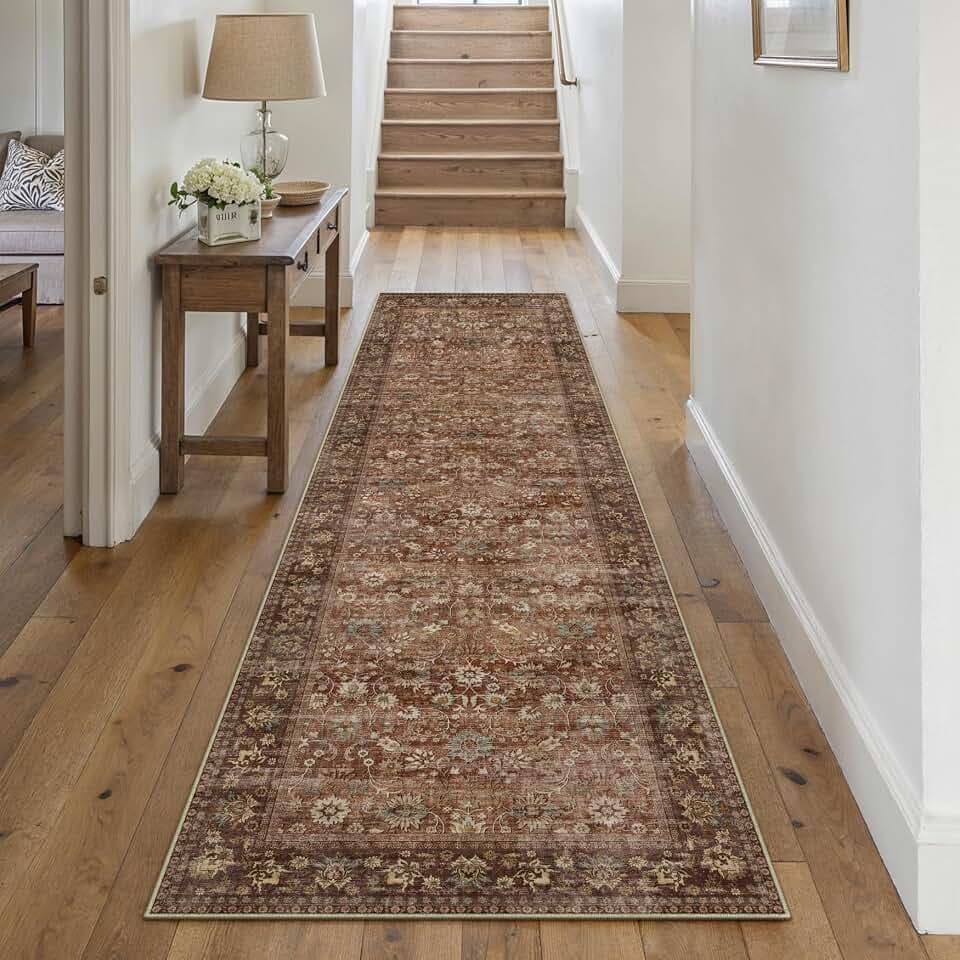 HUGEAR 2x8 Brick Red Vintage Floral Washable Runner Rug for Hallway
